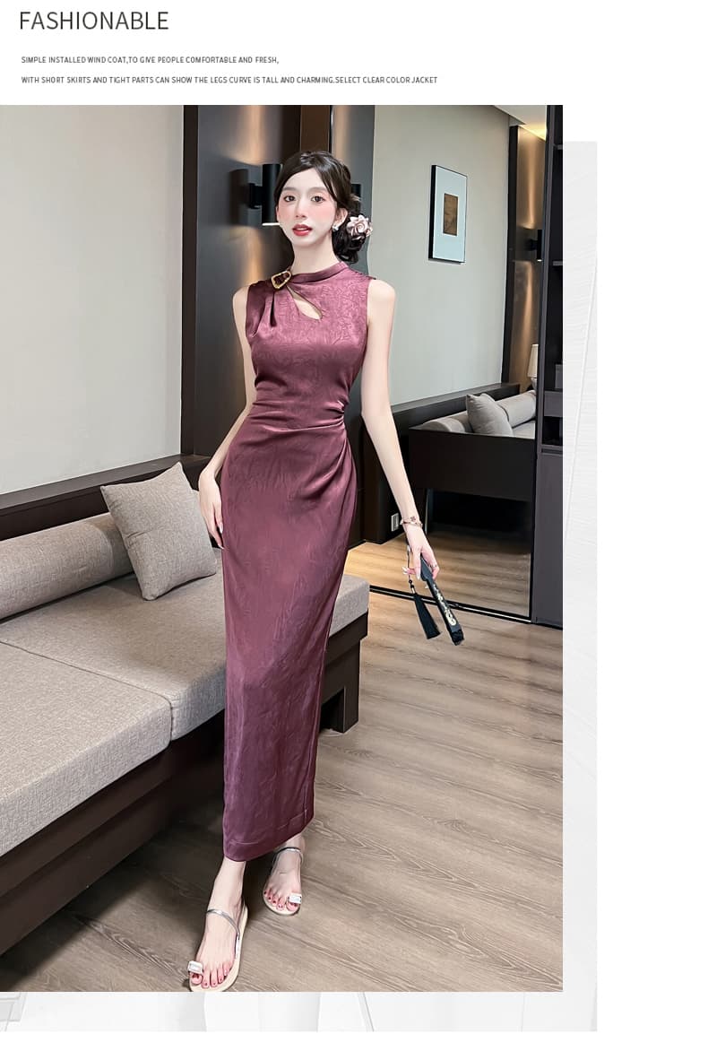 실사 2026 여름 새로운 럭셔리 빛 새틴 잡아라. 주름 질감 물방울 홀로우 아웃 맞춤 핀 핀치 Pleat 민소매 드레스 상세 이미지 16