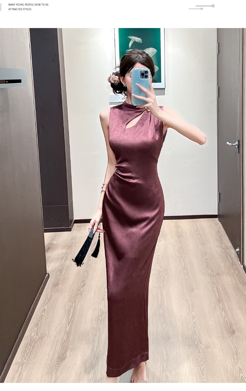 실사 2026 여름 새로운 럭셔리 빛 새틴 잡아라. 주름 질감 물방울 홀로우 아웃 맞춤 핀 핀치 Pleat 민소매 드레스 상세 이미지 17