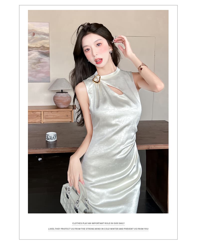 실사 2026 여름 새로운 럭셔리 빛 새틴 잡아라. 주름 질감 물방울 홀로우 아웃 맞춤 핀 핀치 Pleat 민소매 드레스 상세 이미지 21