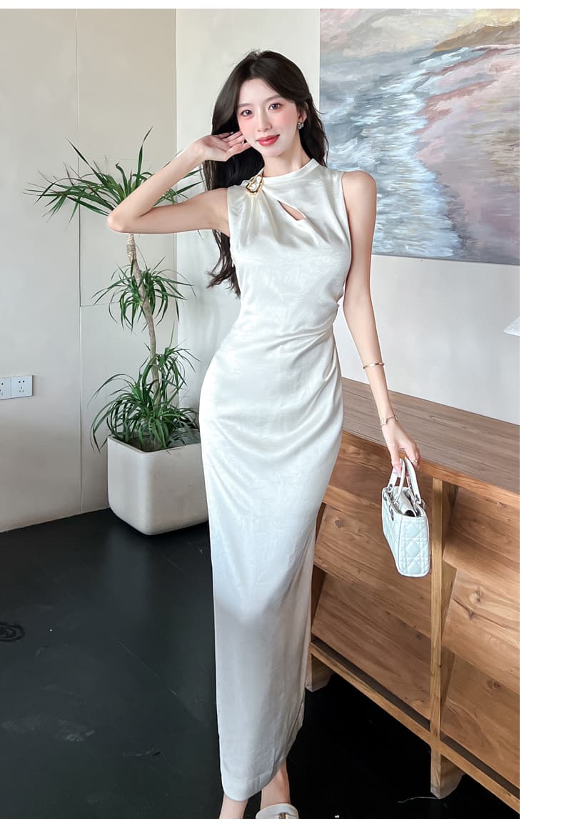 실사 2026 여름 새로운 럭셔리 빛 새틴 잡아라. 주름 질감 물방울 홀로우 아웃 맞춤 핀 핀치 Pleat 민소매 드레스 상세 이미지 22