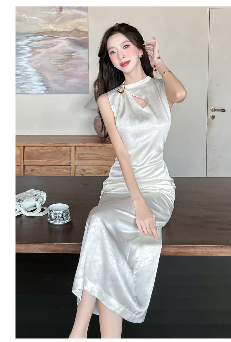 실사 2026 여름 새로운 럭셔리 빛 새틴 잡아라. 주름 질감 물방울 홀로우 아웃 맞춤 핀 핀치 Pleat 민소매 드레스 상세 이미지 23