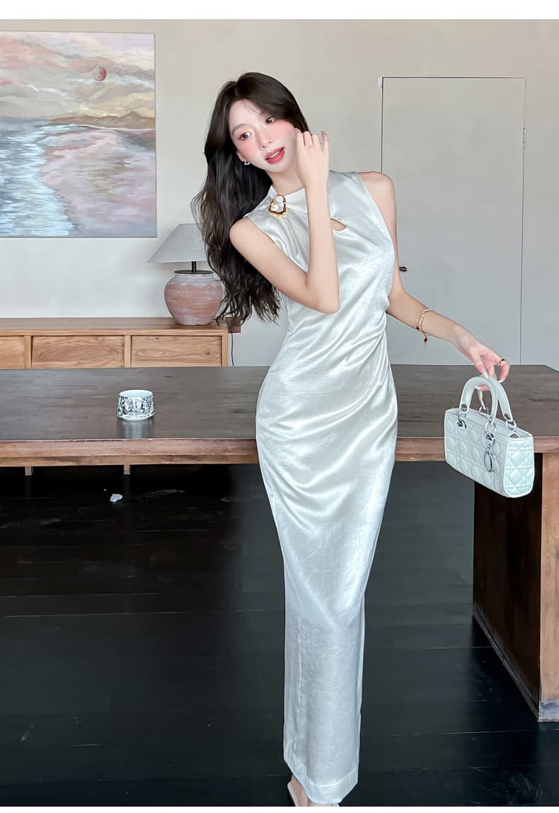 실사 2026 여름 새로운 럭셔리 빛 새틴 잡아라. 주름 질감 물방울 홀로우 아웃 맞춤 핀 핀치 Pleat 민소매 드레스 상세 이미지 24