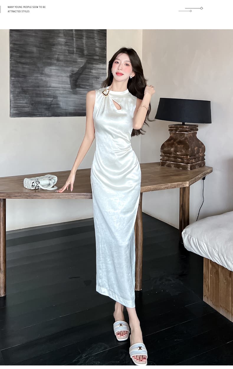 실사 2026 여름 새로운 럭셔리 빛 새틴 잡아라. 주름 질감 물방울 홀로우 아웃 맞춤 핀 핀치 Pleat 민소매 드레스 상세 이미지 26