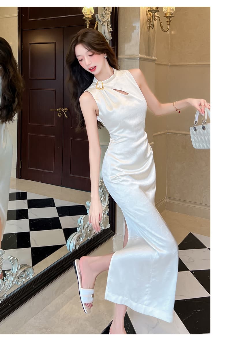 실사 2026 여름 새로운 럭셔리 빛 새틴 잡아라. 주름 질감 물방울 홀로우 아웃 맞춤 핀 핀치 Pleat 민소매 드레스 상세 이미지 27