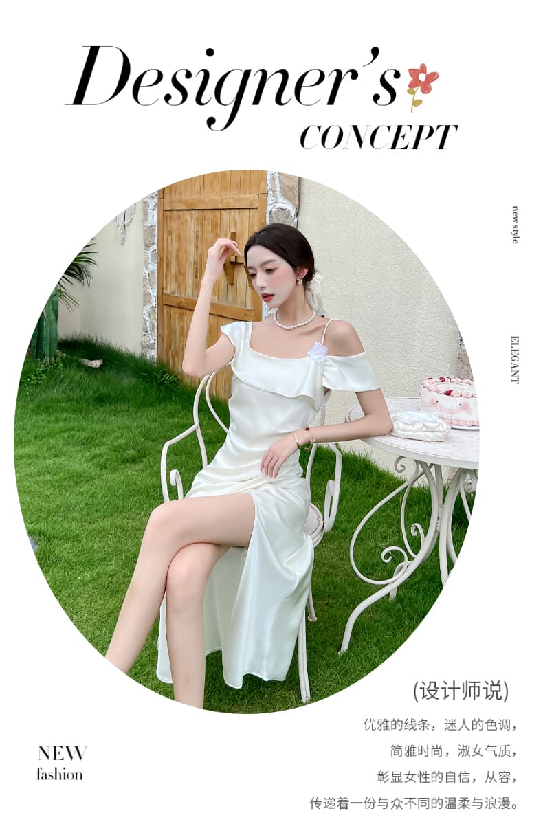 실사 프랑스식 슬립 드레스 새로운 품격 빛 럭셔리 몸매 가꾸기 슬림해 보이는 고급 디자인 프릴 오프숄더 드레스 상세 이미지 3