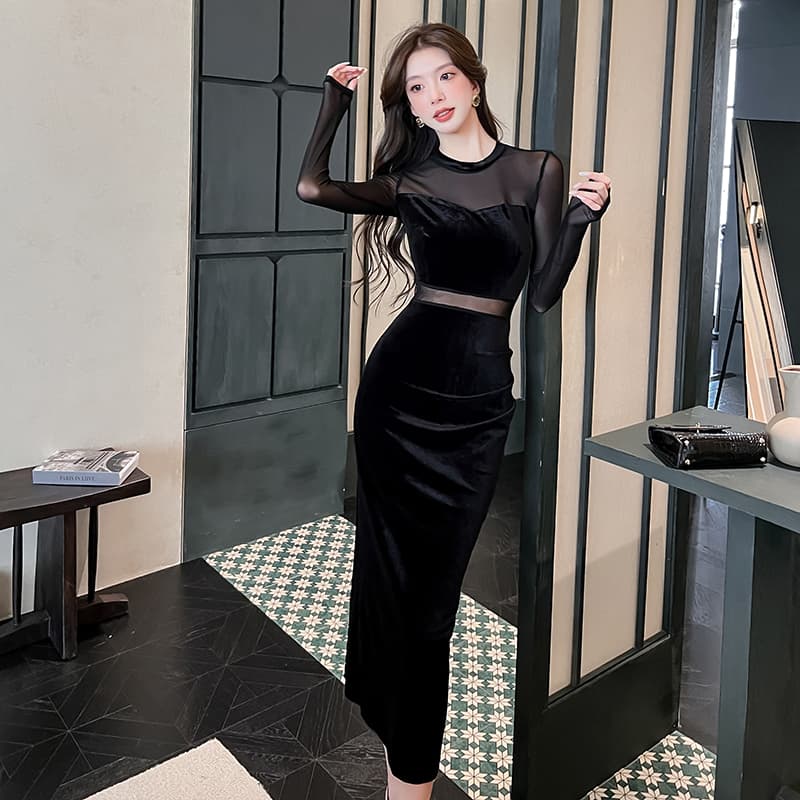 실사 2026 가을 새로운 망사 패치워크 긴팔 몸매 가꾸기 슬림해 보이는 순수한 욕망 허리 수축 트임 타이트 스커트 드레스 이미지 4
