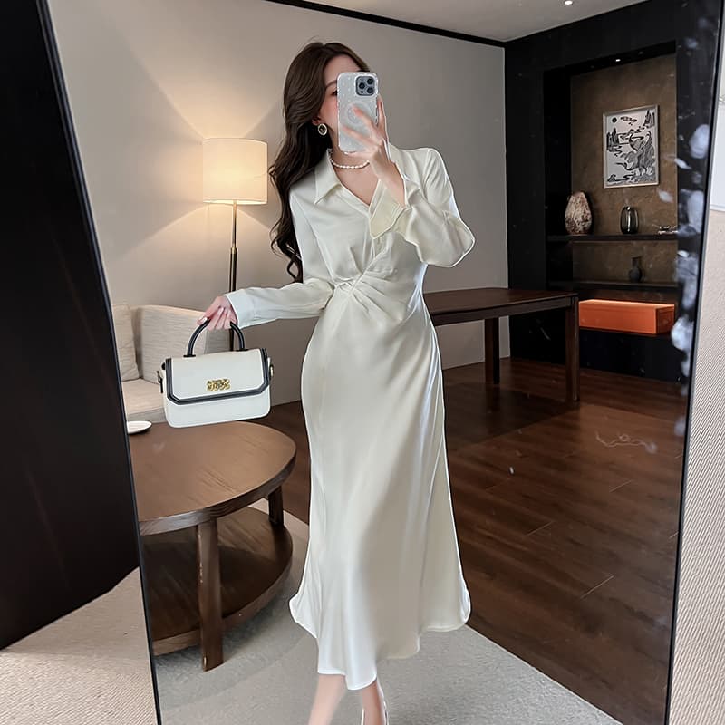 실사 공단 빛 흐름 라임 우아함 지성 핀치 Pleat 인어 꼬리 셔츠 점프 슈트 롱 스커트 부드러운 관대 한 치마 아이들 이미지 4