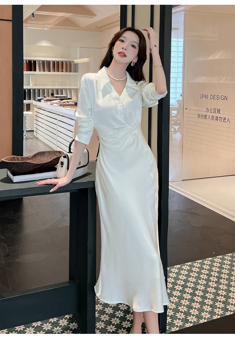 실사 공단 빛 흐름 라임 우아함 지성 핀치 Pleat 인어 꼬리 셔츠 점프 슈트 롱 스커트 부드러운 관대 한 치마 아이들 상세 이미지 12