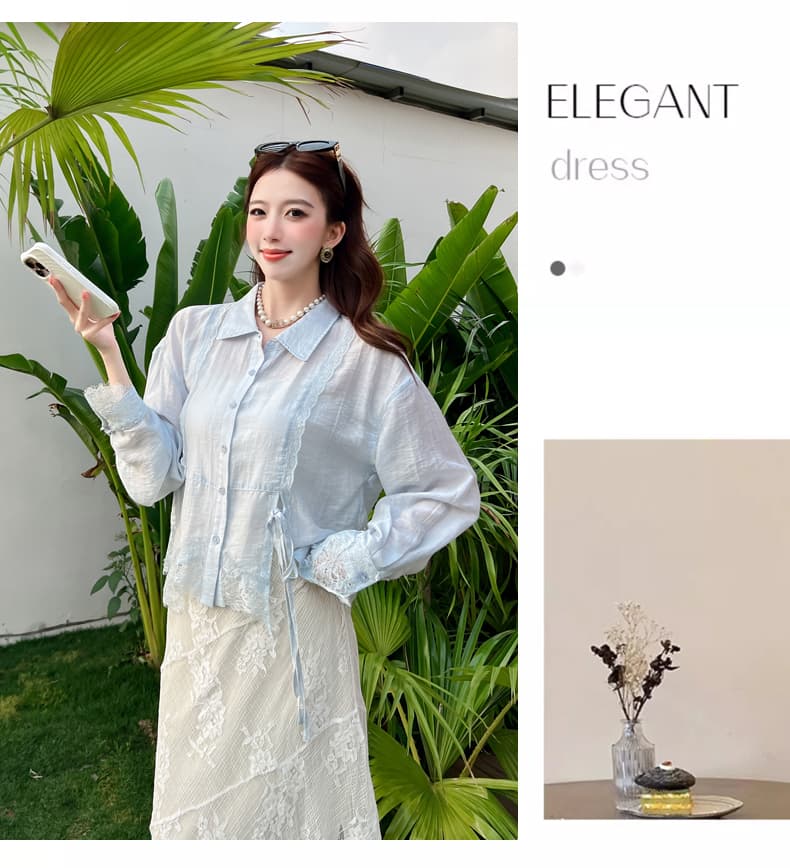 실사 여름 새로운 디자인 센스 패치워크 레이스 긴팔 셔츠 셔츠 다용도 레이스 반 스커트 세트 상세 이미지 20