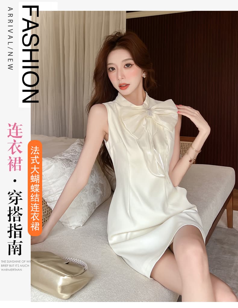 실사 miu 부서 달콤한 자매 나비 매듭 스탠드 칼라 허리 수축 드레스 여름 쇼트 스타일 프랑스식 천 골드 센스 생일 행사 치마 상세 이미지 1