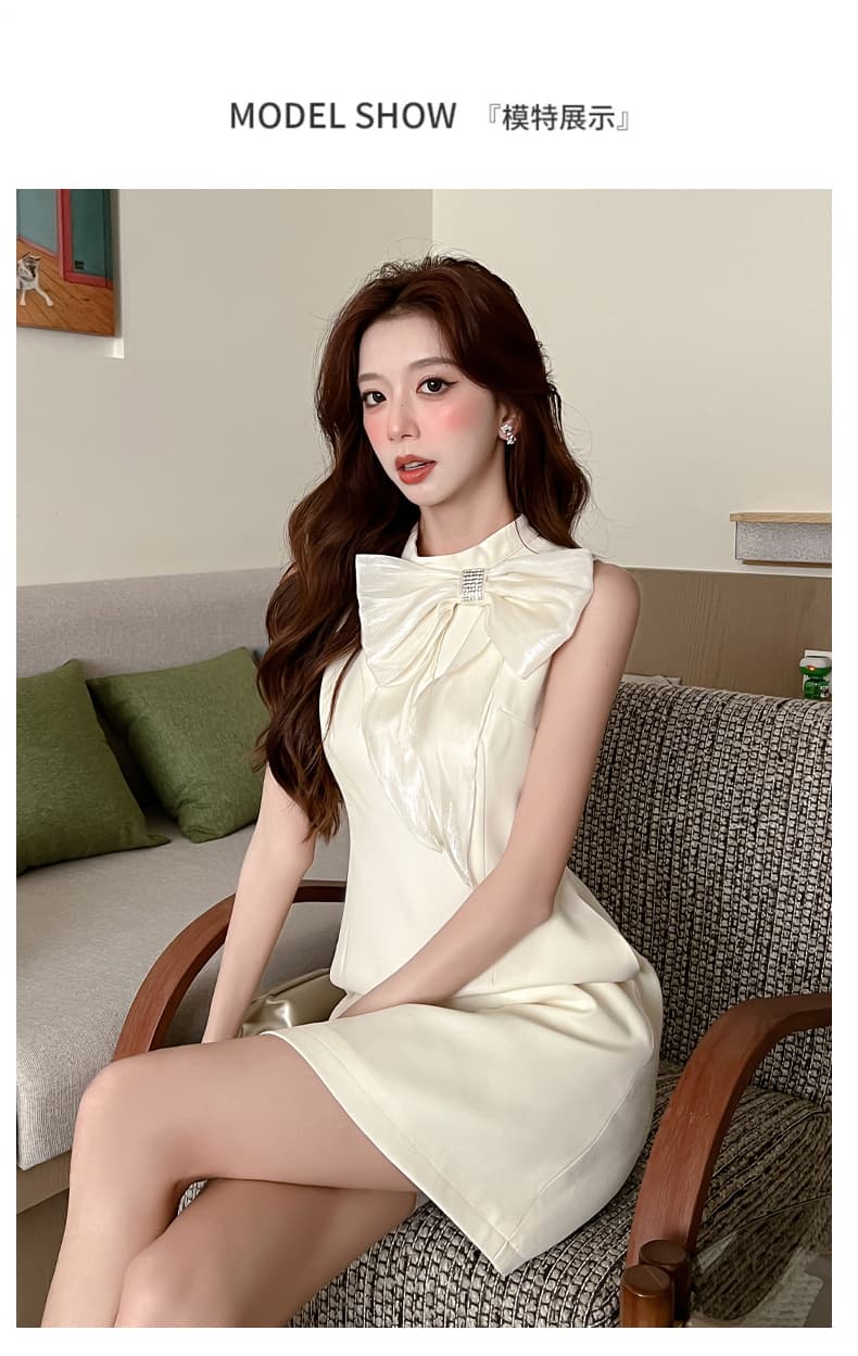 실사 miu 부서 달콤한 자매 나비 매듭 스탠드 칼라 허리 수축 드레스 여름 쇼트 스타일 프랑스식 천 골드 센스 생일 행사 치마 상세 이미지 7