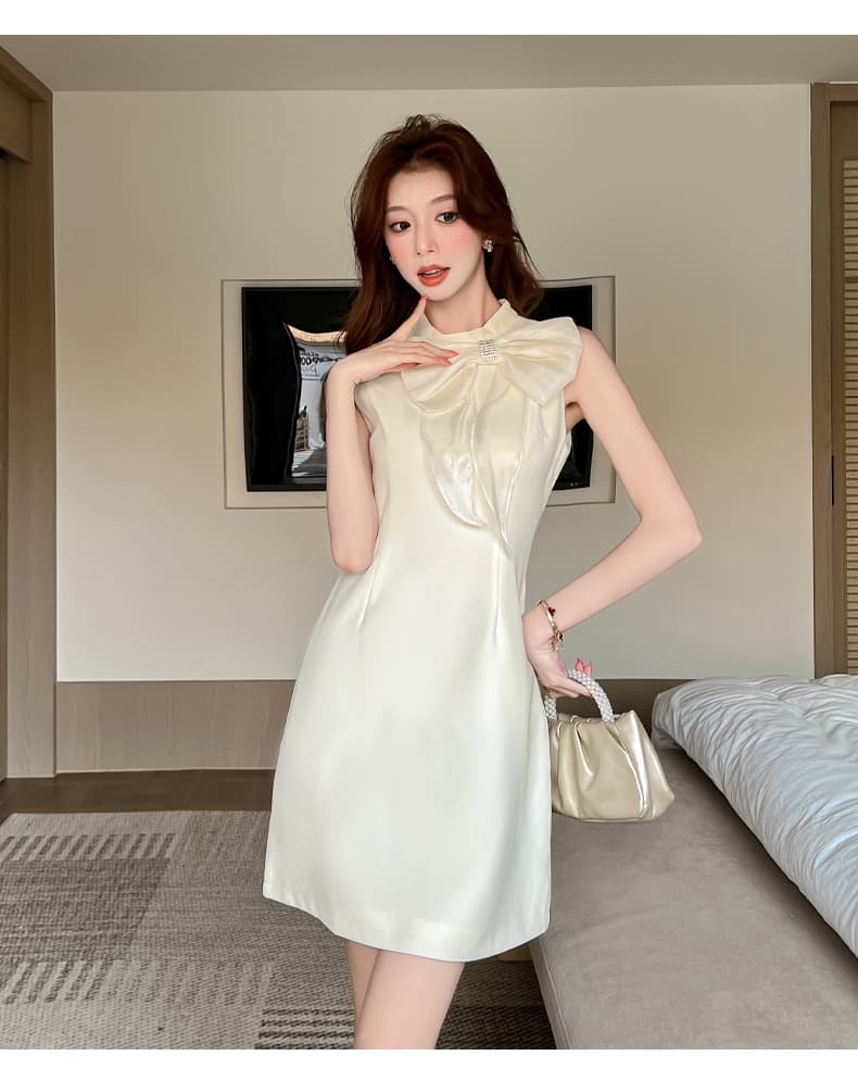 실사 miu 부서 달콤한 자매 나비 매듭 스탠드 칼라 허리 수축 드레스 여름 쇼트 스타일 프랑스식 천 골드 센스 생일 행사 치마 상세 이미지 8