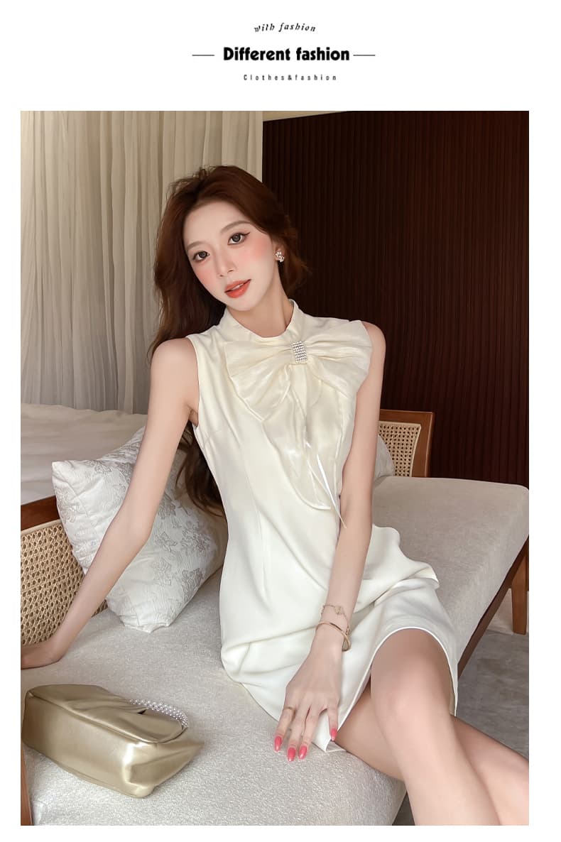 실사 miu 부서 달콤한 자매 나비 매듭 스탠드 칼라 허리 수축 드레스 여름 쇼트 스타일 프랑스식 천 골드 센스 생일 행사 치마 상세 이미지 9