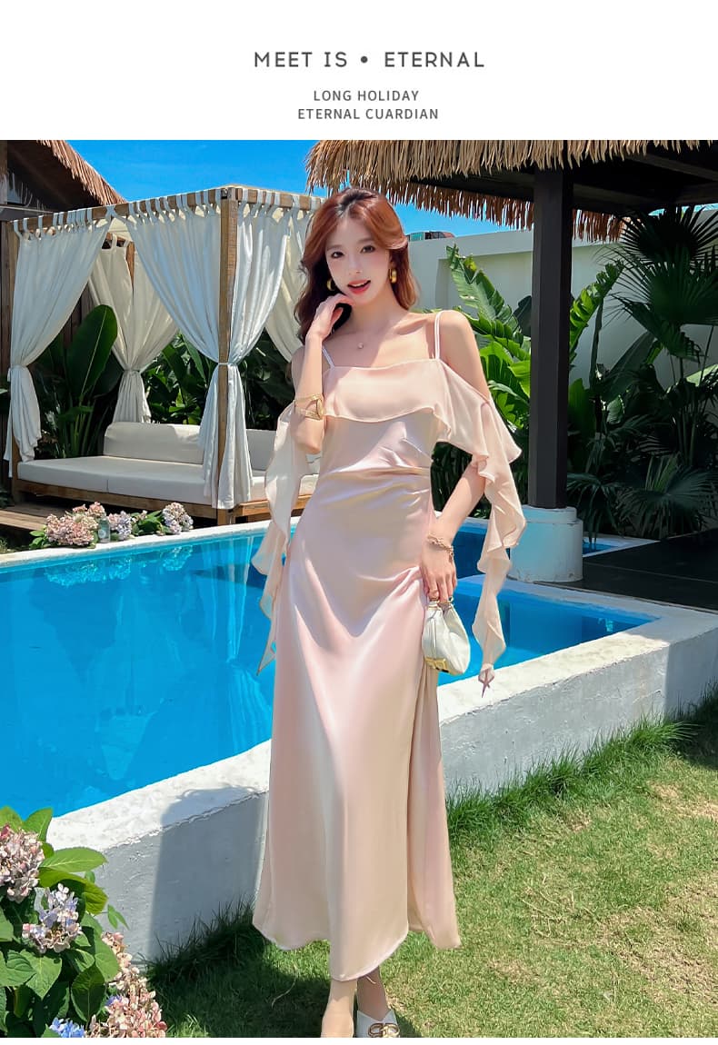 프랑스식 디자인 센스 리본 새틴 품격 슬립 여성 드레스 여름 허리 수축 슬림해 보이는 고유 한 Chic 아름다운 롱 스커트 상세 이미지 21