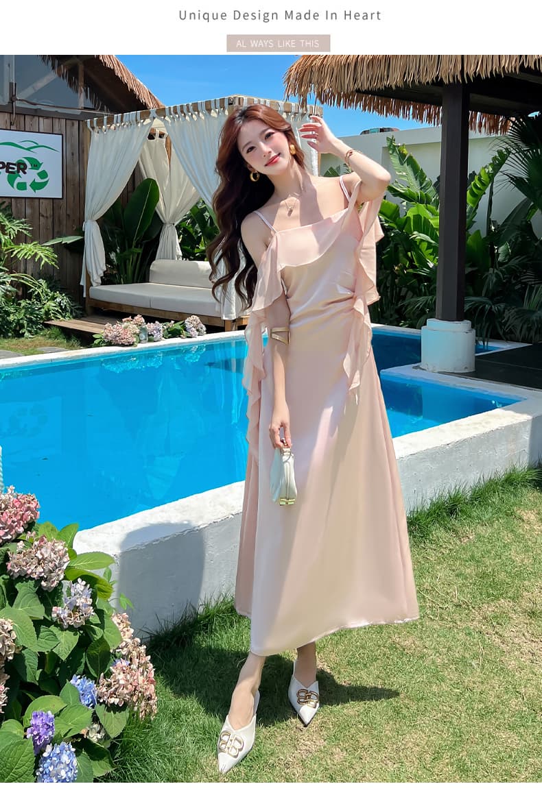 프랑스식 디자인 센스 리본 새틴 품격 슬립 여성 드레스 여름 허리 수축 슬림해 보이는 고유 한 Chic 아름다운 롱 스커트 상세 이미지 22