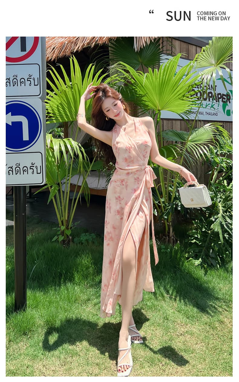 2026 여름 새로운 프랑스식 품격 우아함 슬림해 보이는 V넥 하나 슬라이스 십자가 레이스업 꽃무늬 민소매 여성 드레스 상세 이미지 10