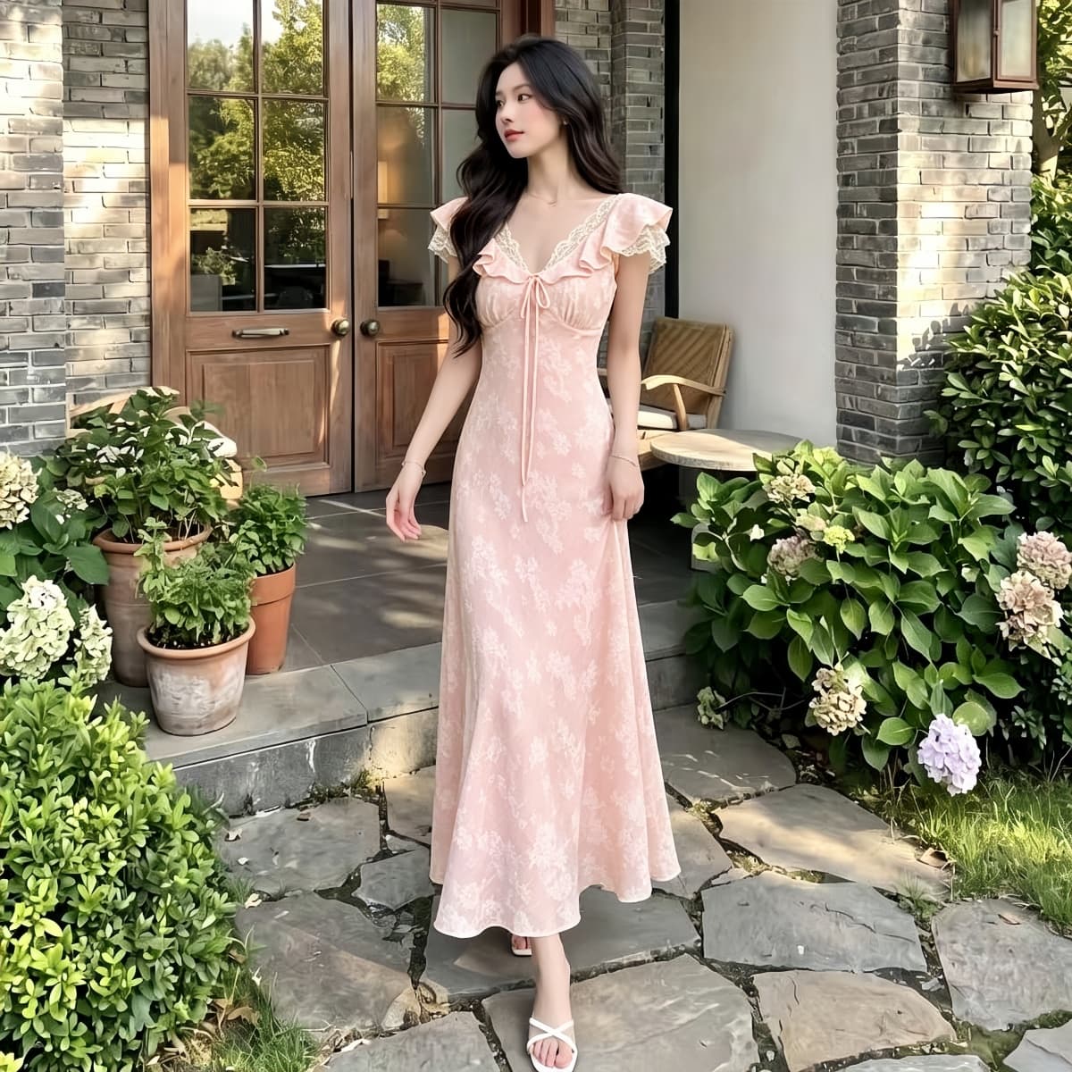 프랑스식 허리 수축 디스플레이 품격 몸매 가꾸기 V넥 레이스 조각 자카드 거품 소매 휴가 바람 드레스 2026 여름 이미지 2