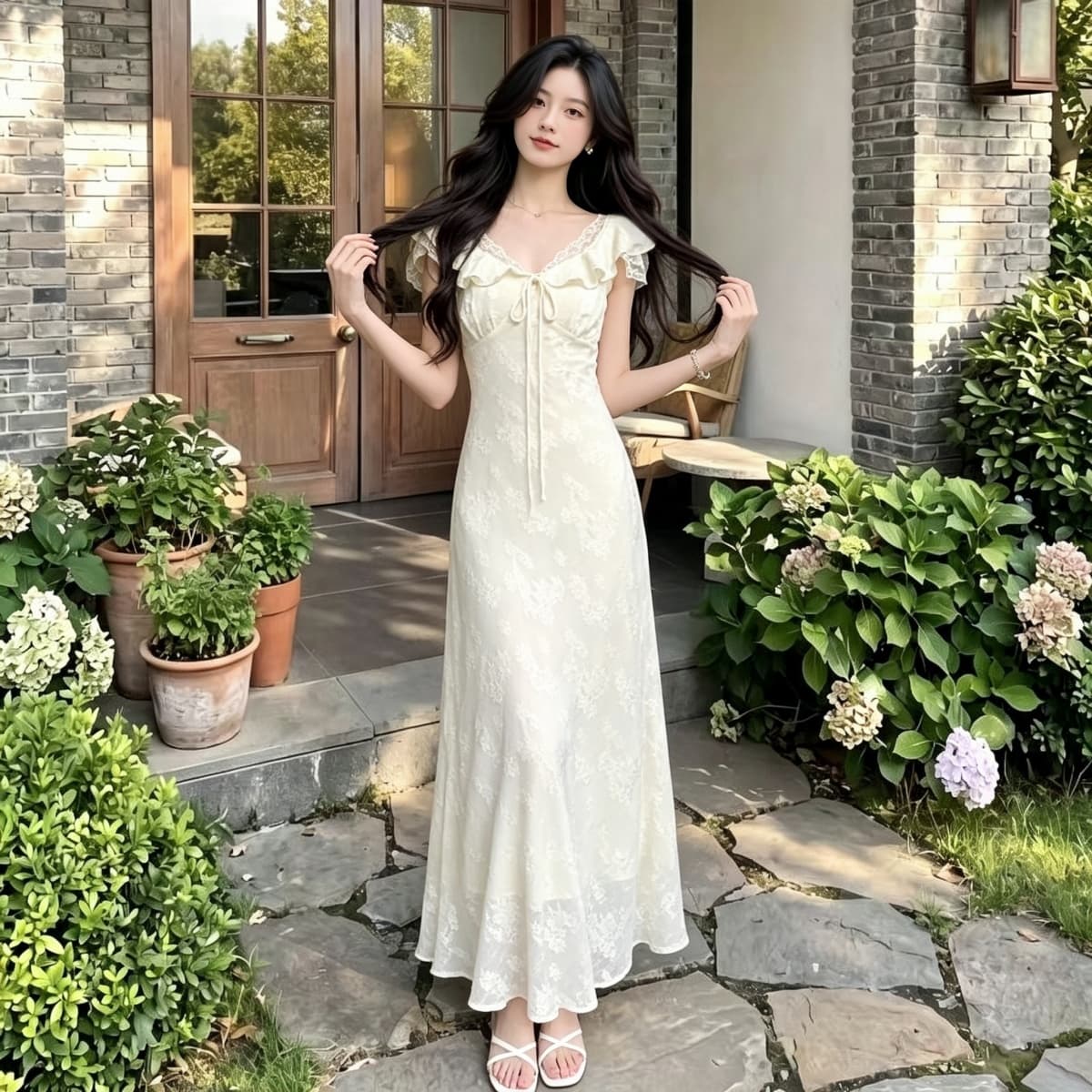 프랑스식 허리 수축 디스플레이 품격 몸매 가꾸기 V넥 레이스 조각 자카드 거품 소매 휴가 바람 드레스 2026 여름 상세 이미지 4
