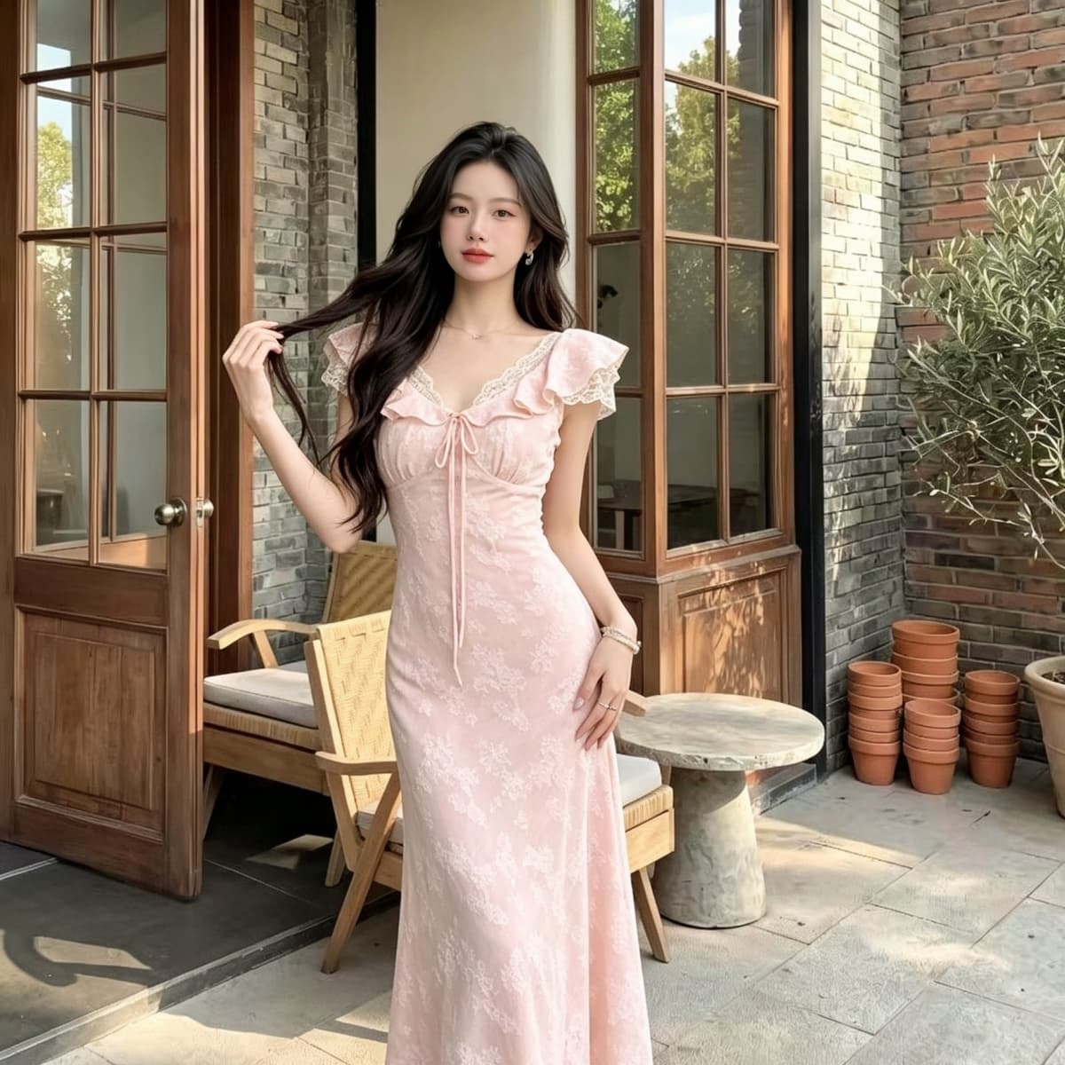 프랑스식 허리 수축 디스플레이 품격 몸매 가꾸기 V넥 레이스 조각 자카드 거품 소매 휴가 바람 드레스 2026 여름 상세 이미지 7