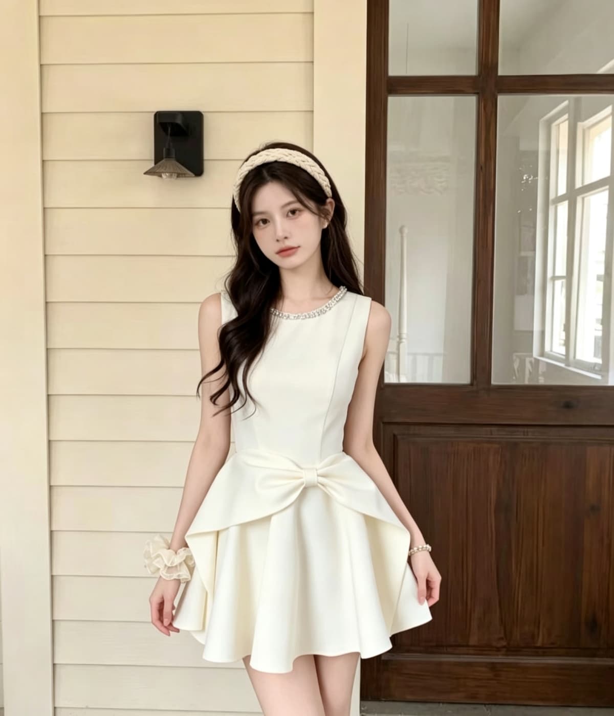 2026 여름 새로운 천 금빛 바람 우아함 허리 수축 나비 매듭 고급 센스 드레스 상세 이미지 5