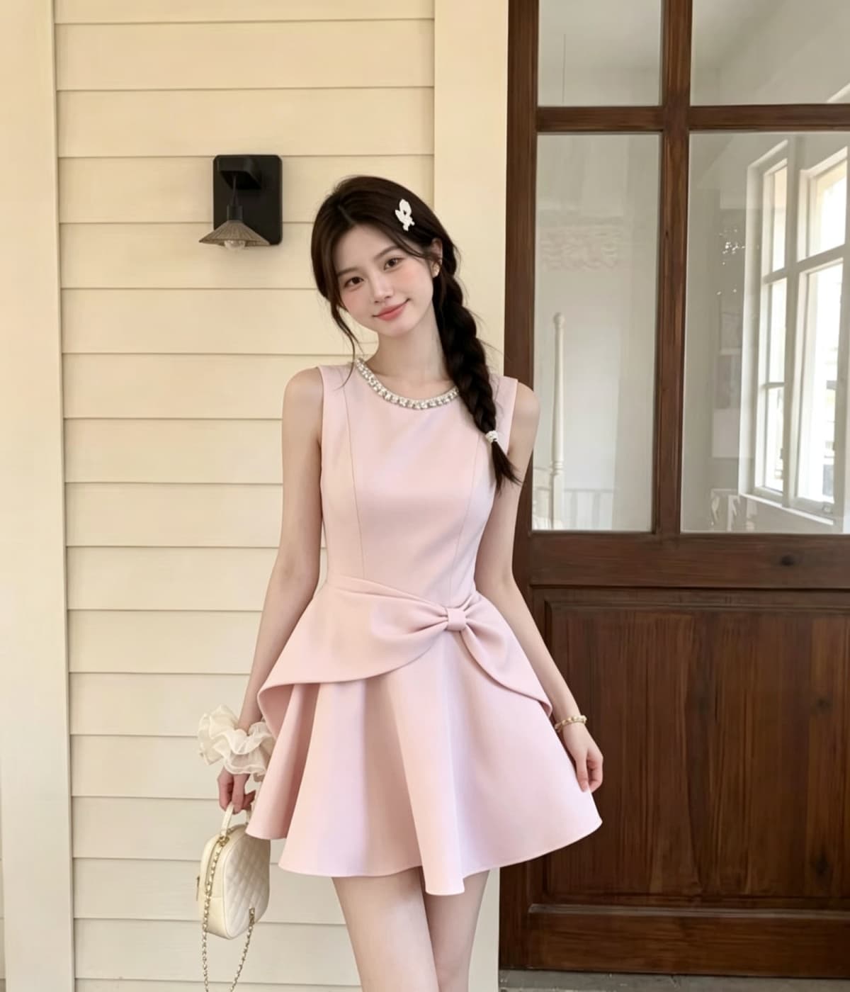 2026 여름 새로운 천 금빛 바람 우아함 허리 수축 나비 매듭 고급 센스 드레스 상세 이미지 6