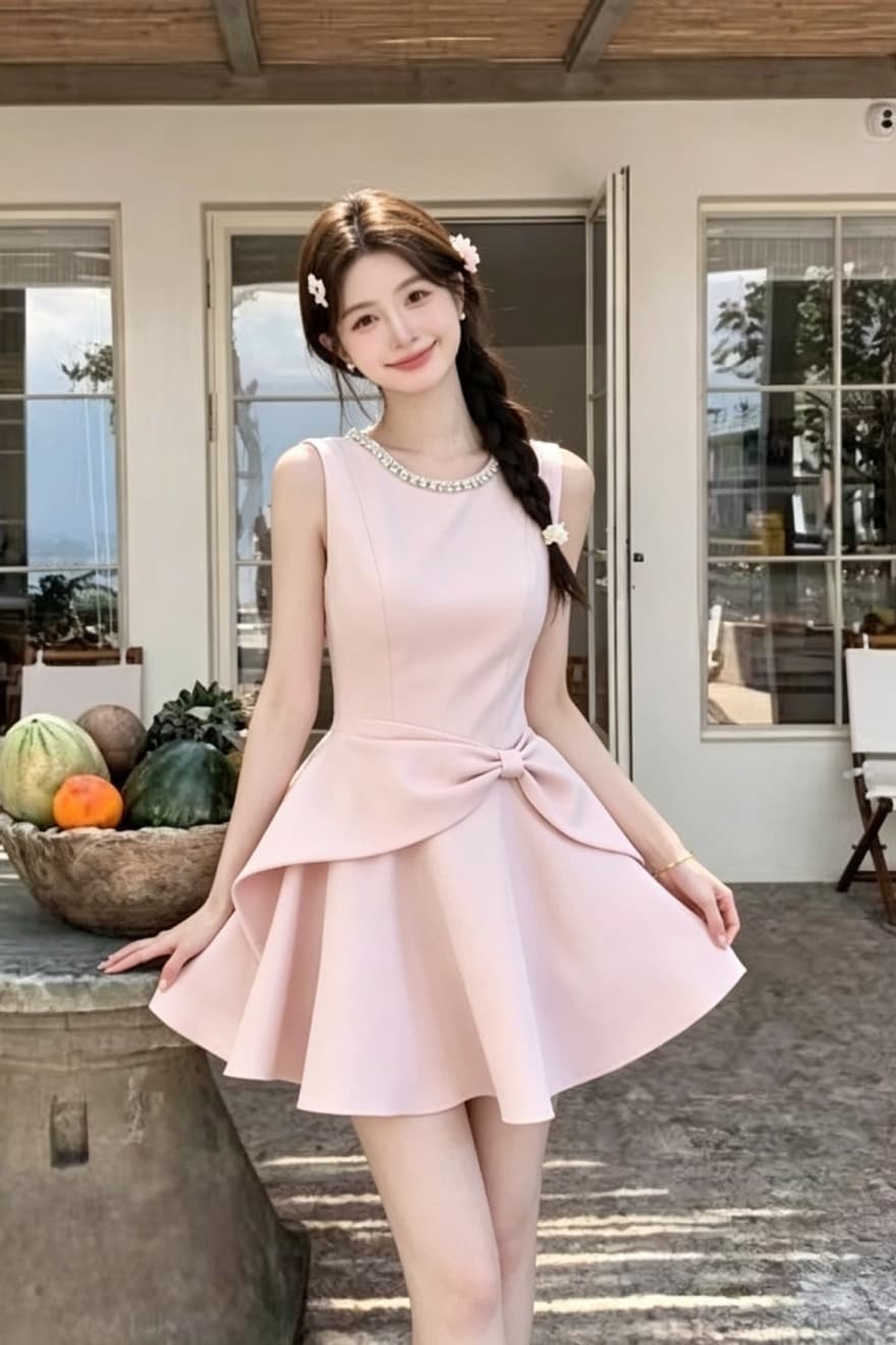 2026 여름 새로운 천 금빛 바람 우아함 허리 수축 나비 매듭 고급 센스 드레스 이미지 6