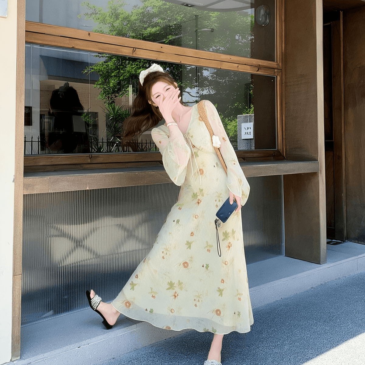 프랑스식 녹색 쉬폰 꽃무늬 여성 드레스 2026 년 조기 가을 레이스업 긴팔 롱 스커트 상세 이미지 7