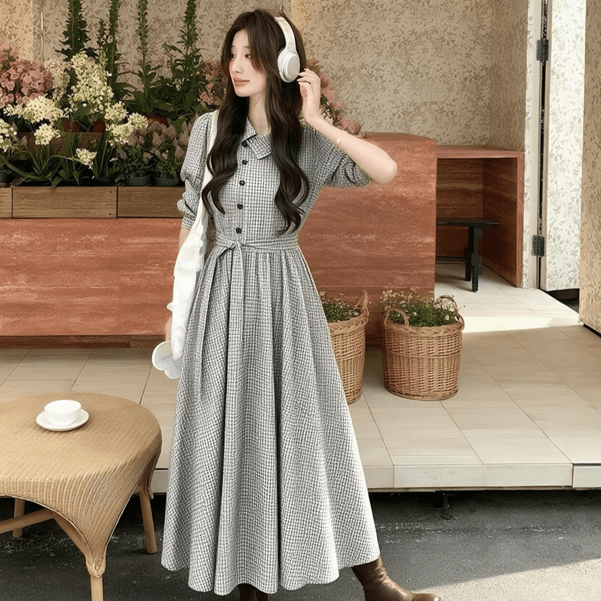 레트로 체크무늬 긴팔 드레스 폴로 칼라 허리 수축 치마 2026 이른 가을 이미지 2