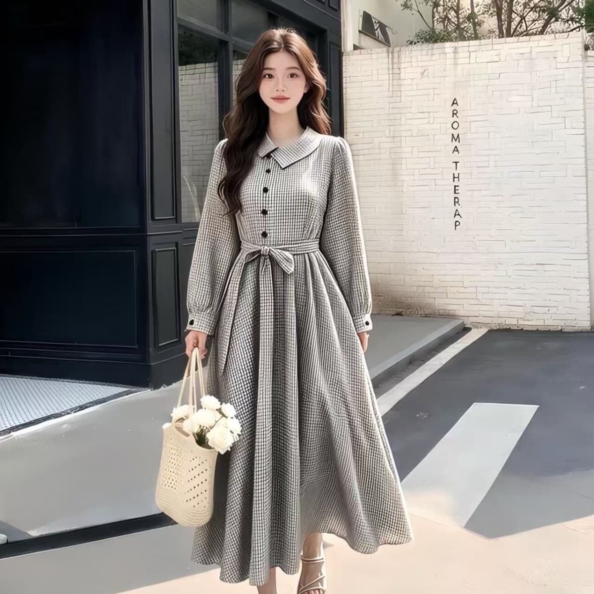 레트로 체크무늬 긴팔 드레스 폴로 칼라 허리 수축 치마 2026 이른 가을 이미지 3