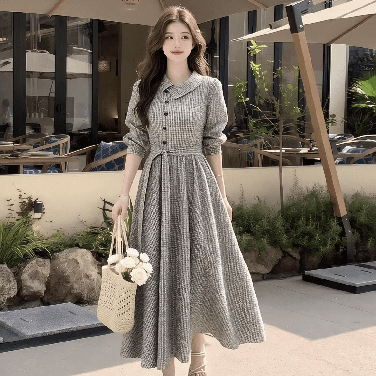 레트로 체크무늬 긴팔 드레스 폴로 칼라 허리 수축 치마 2026 이른 가을 이미지 5