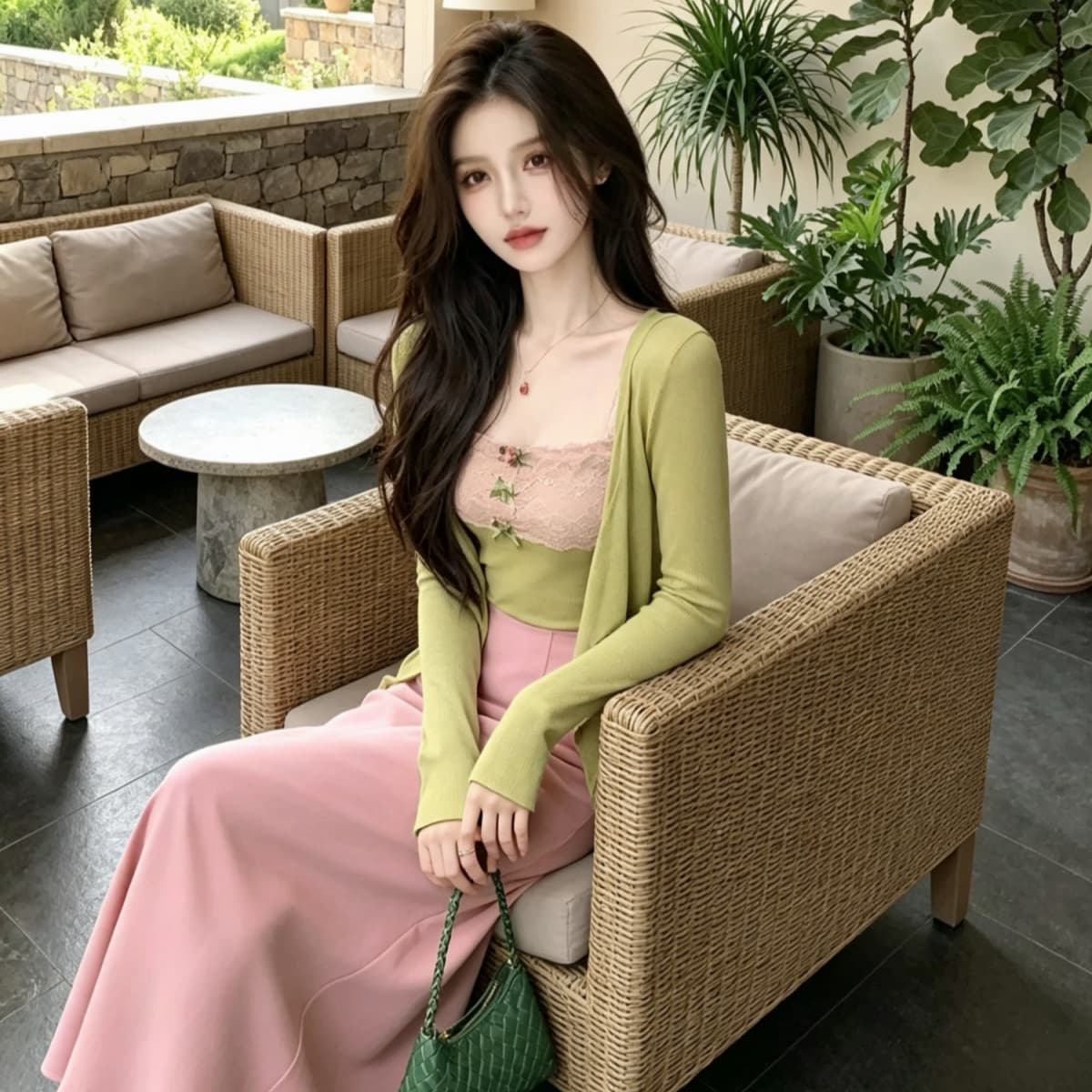 2026 가을 모네 녹색 니트 오픈 가디건 프랑스식 레이스 조끼 부드러운 핑크색 인어 꼬리 스커트 부드러운 슬림해 보이는 세트 상세 이미지 7