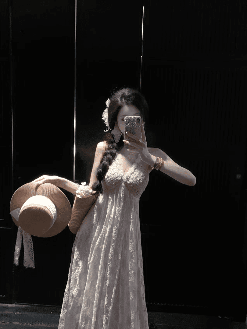 우아한 조 맞춤 안개 섬 들어라. 바람 무거운 작업 짜임 면 자수 V넥 행침 목 드레스 이미지 3