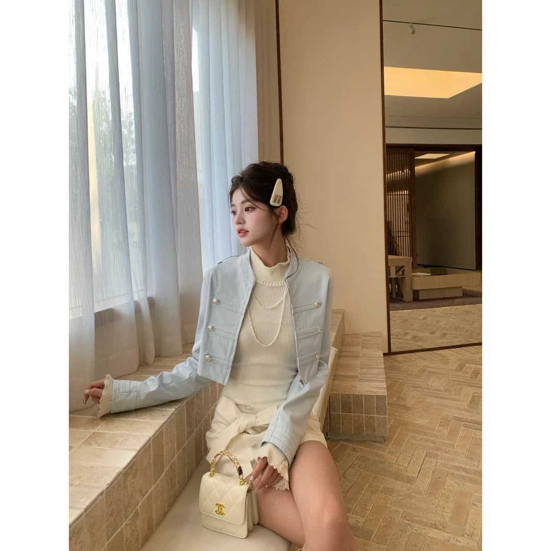 기타 한 작은 물고기 musefish 소녀 나이트 파란색 한국 스타일 천 골드 디자인 센스 작은 재킷 나비 매듭 반 스커트 상세 이미지 1