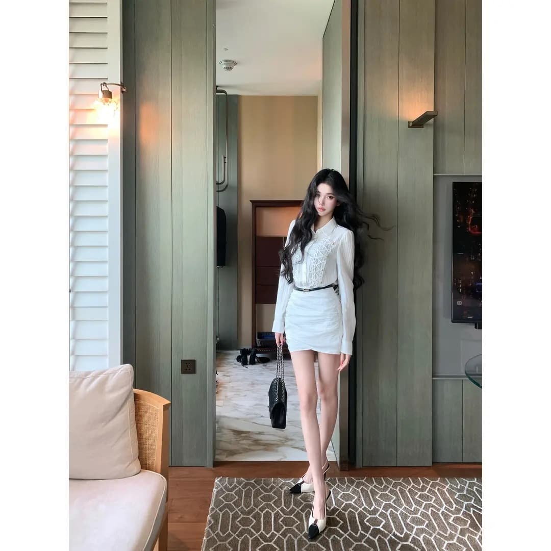 8 19 새로운 켜기 새로운 부드러운 바람 남자 가을 프랑스식 질감 센스 폴로 칼라 긴팔 타이트 스커트 이미지 4