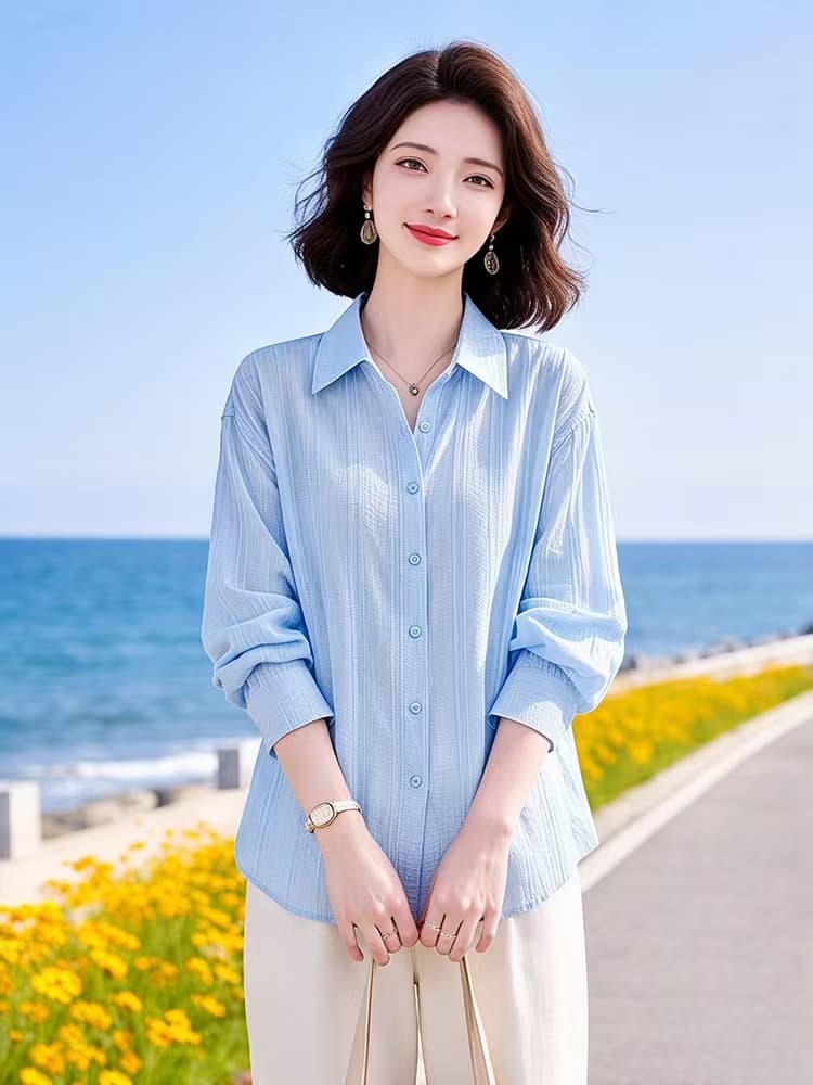2026 이른 가을 새로운 패션 캐주얼 루즈핏 세로 줄무늬 캐주얼 폴로 칼라 셔츠 상세 이미지 3