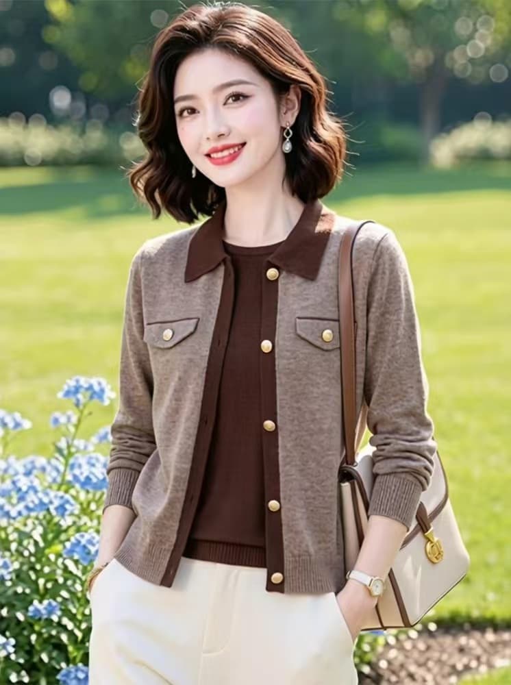 2026 이른 가을 패션 페이크 레이어드 대기 맨위 니트 오픈 가디건 쇼트 스타일 폴로 칼라 재킷 오픈 가디건 이미지 2