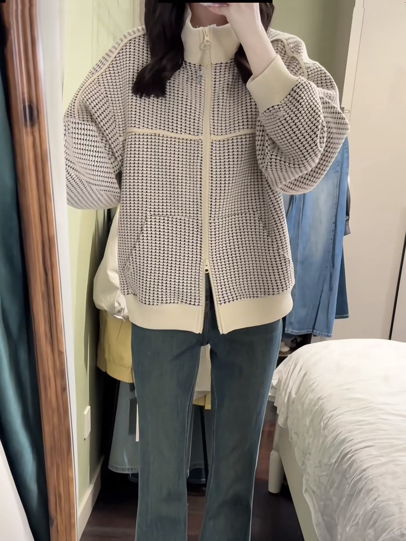 일본식 베이지 색 스탠드 칼라 체크무늬 더블 머리 지퍼 재킷 2026 봄 디자인 센스 느슨함 느긋한 프로필 모양 재킷 여성 이미지 2