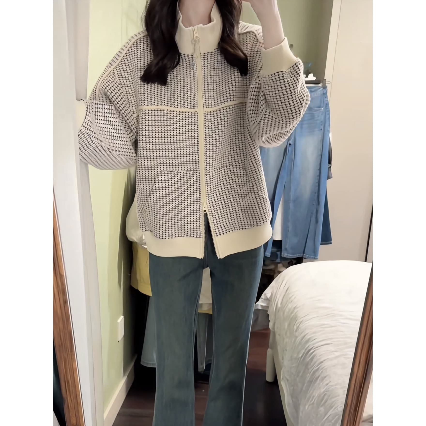 일본식 베이지 색 스탠드 칼라 체크무늬 더블 머리 지퍼 재킷 2026 봄 디자인 센스 느슨함 느긋한 프로필 모양 재킷 여성 이미지 5