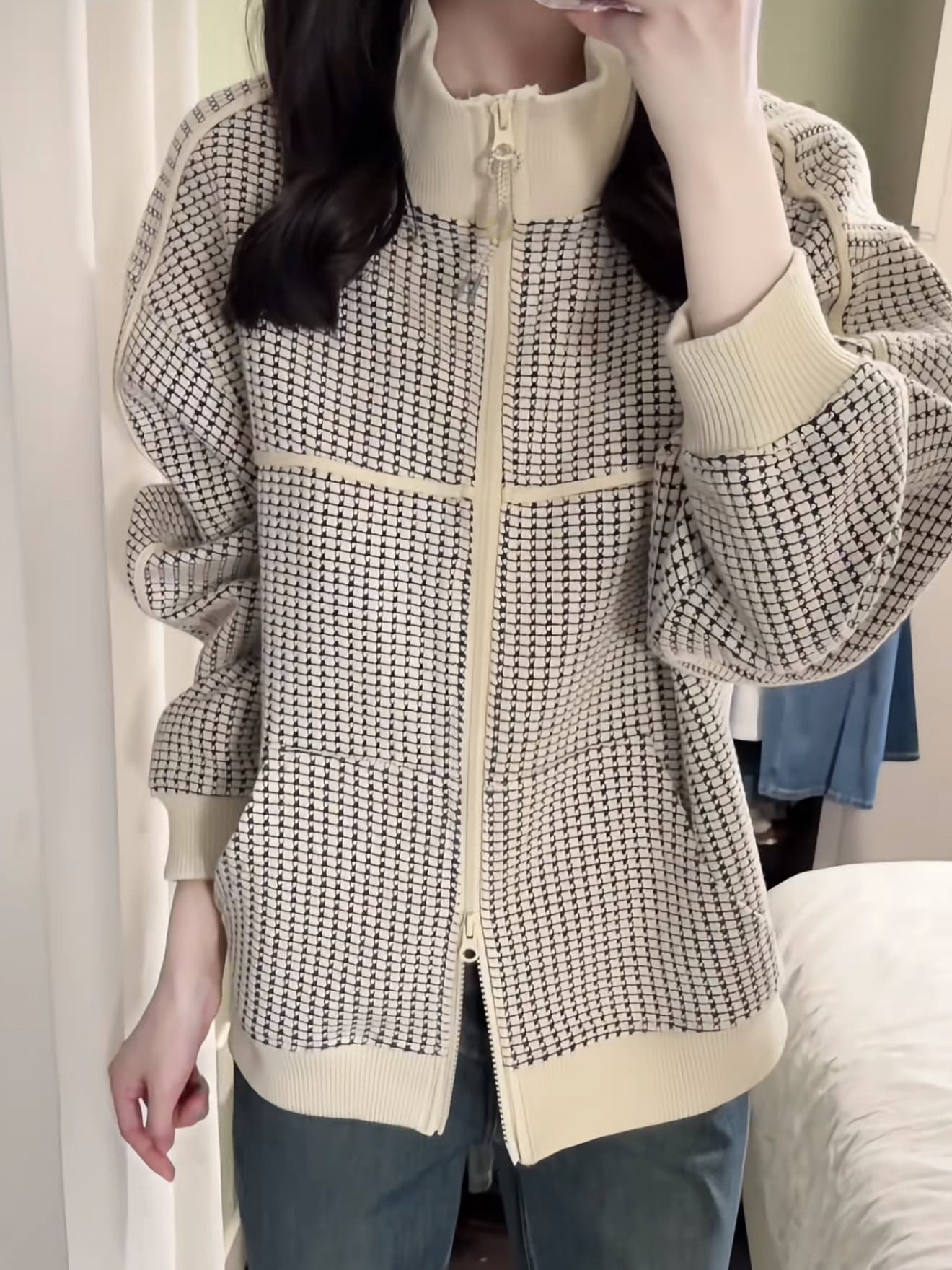 일본식 베이지 색 스탠드 칼라 체크무늬 더블 머리 지퍼 재킷 2026 봄 디자인 센스 느슨함 느긋한 프로필 모양 재킷 여성 상세 이미지 6