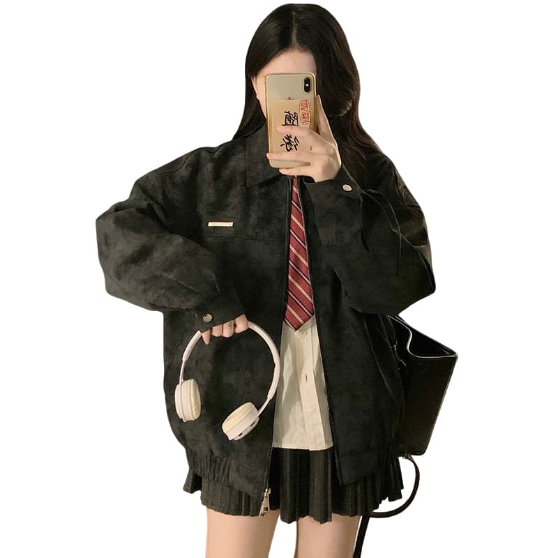 실사 아메리칸 레트로 PU 가죽 폴로 칼라 재킷 남녀 봄 조수 브랜드 커플 루즈핏 다용도 오토바이 재킷 이미지 6