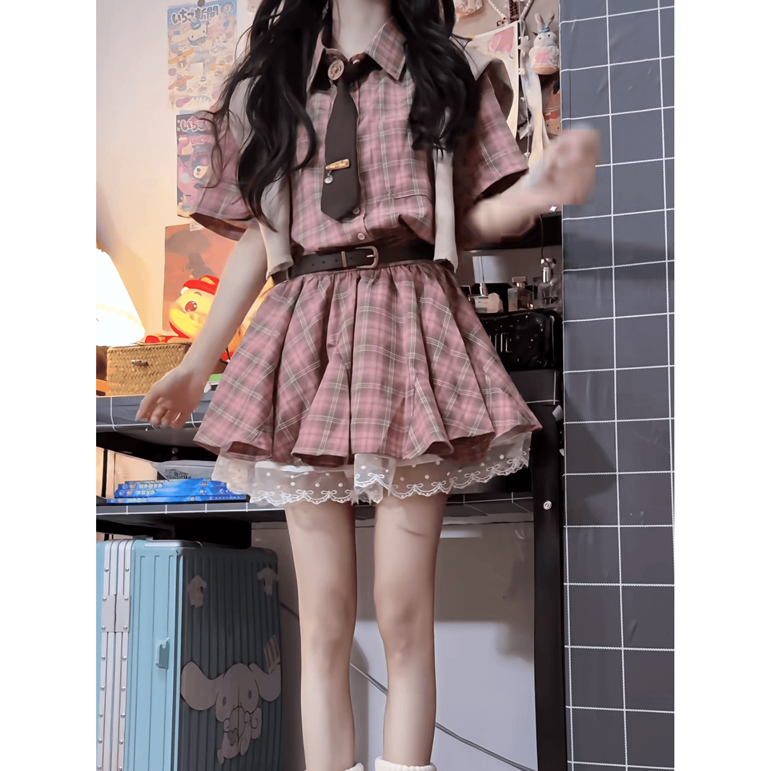 한 부서 레트로 학원 스타일 격자 무늬 셔츠 여성 드레스 2026 여름 허리 수축 한 마디 백 반팔 Pleat 치마 이미지 6