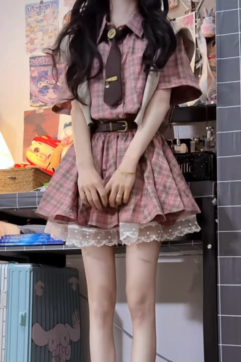 한 부서 레트로 학원 스타일 격자 무늬 셔츠 여성 드레스 2026 여름 허리 수축 한 마디 백 반팔 Pleat 치마 이미지 7