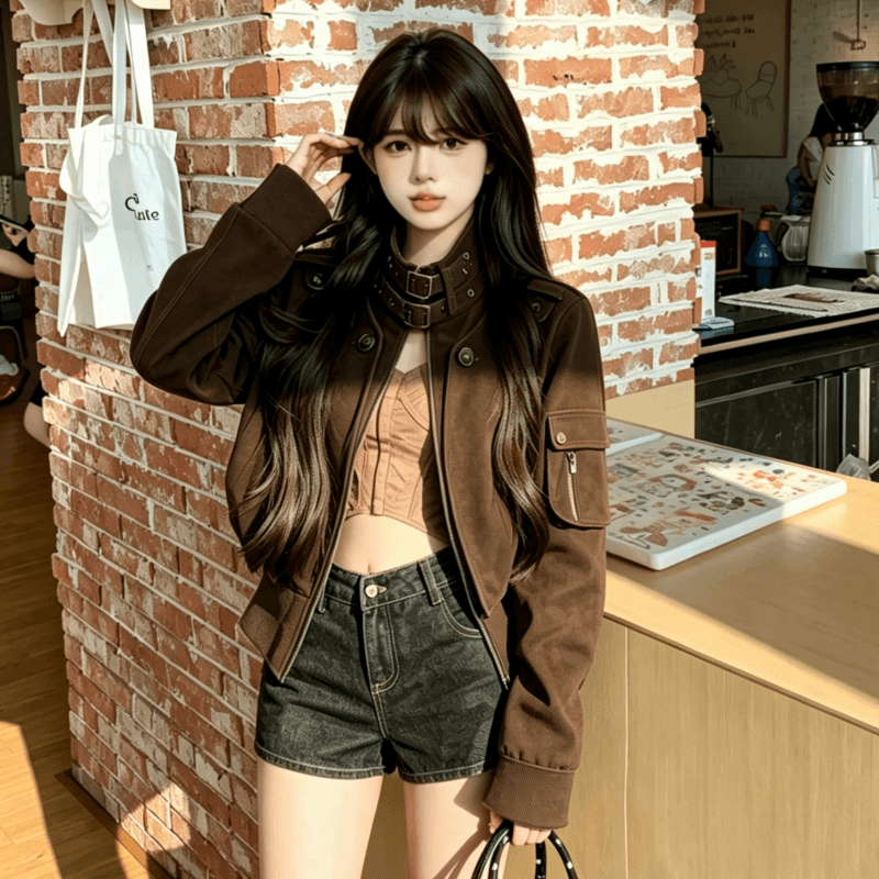 실사 검정색 스탠드 칼라 워크웨어 재킷 레트로 견장 몸매 가꾸기 허리 수축 쇼트 스타일 여성 코트 2026 가을 새로운 이미지 2