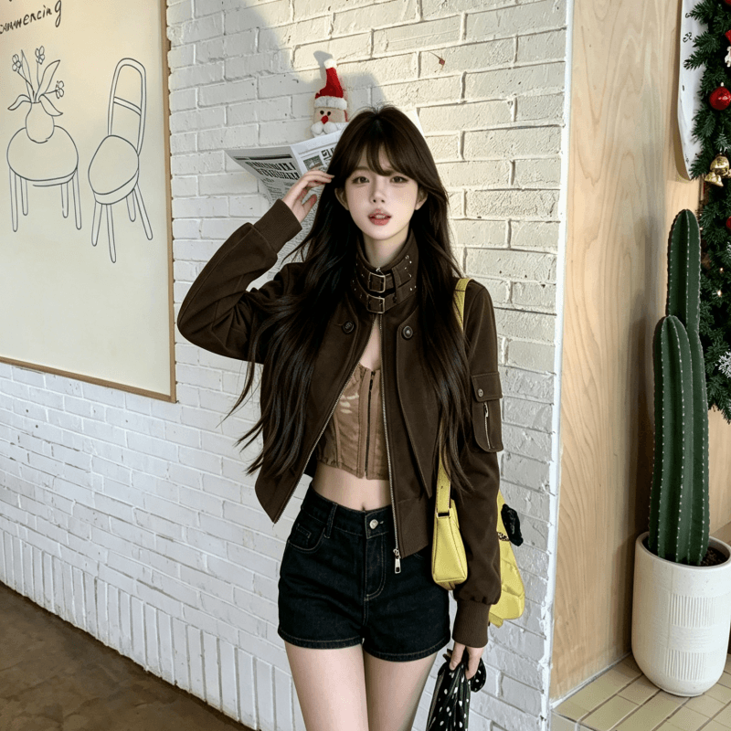 실사 검정색 스탠드 칼라 워크웨어 재킷 레트로 견장 몸매 가꾸기 허리 수축 쇼트 스타일 여성 코트 2026 가을 새로운 이미지 5