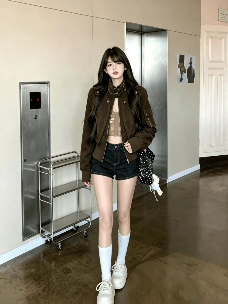 실사 검정색 스탠드 칼라 워크웨어 재킷 레트로 견장 몸매 가꾸기 허리 수축 쇼트 스타일 여성 코트 2026 가을 새로운 상세 이미지 2