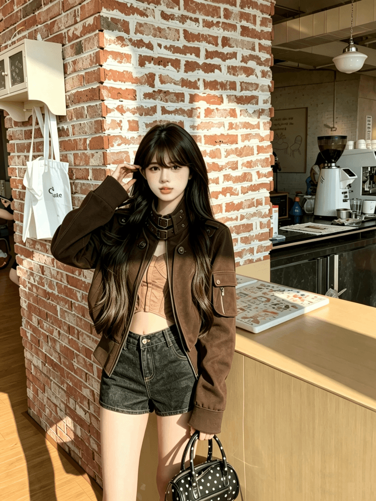 실사 검정색 스탠드 칼라 워크웨어 재킷 레트로 견장 몸매 가꾸기 허리 수축 쇼트 스타일 여성 코트 2026 가을 새로운 상세 이미지 5