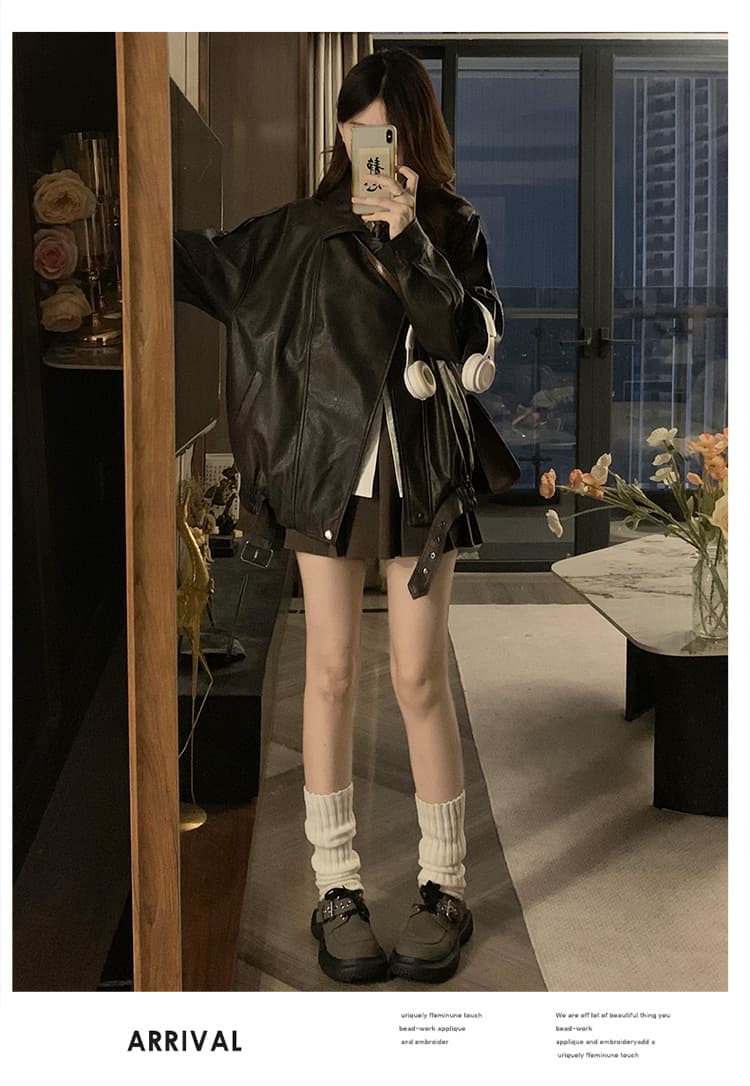 실사 커피 색상 가죽 재킷 여성 코트 2026 새로운 가을 차가운 바람의 소리 바람 고유 한 슈퍼 잘 생긴 오토바이 레트로 재킷 상세 이미지 21