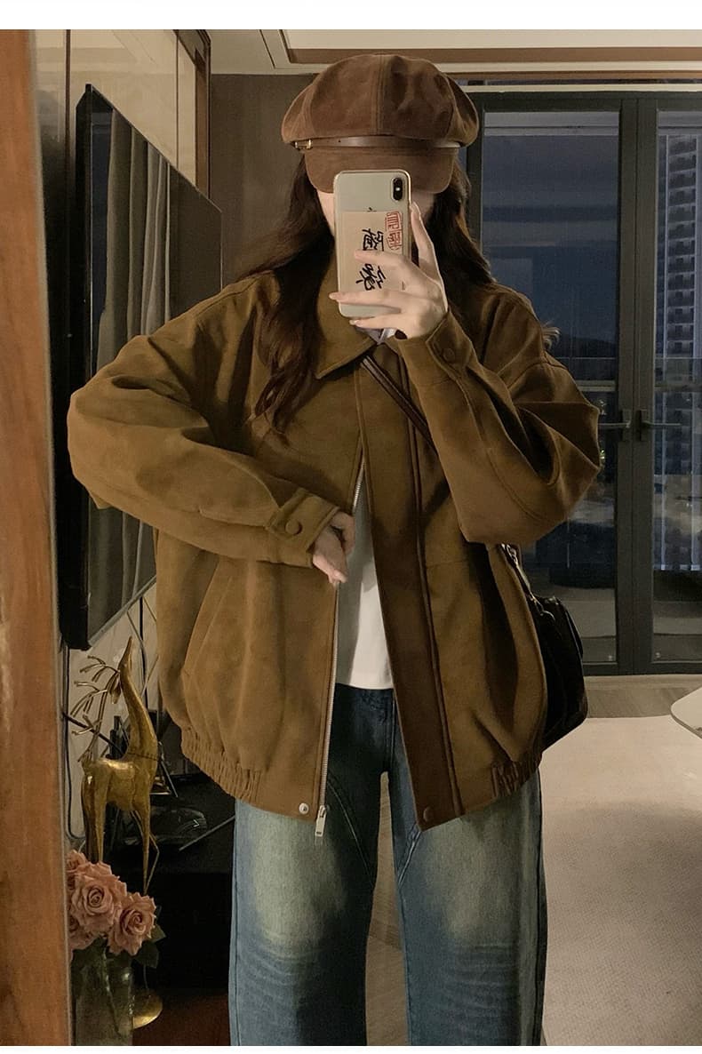 실사 아메리칸 레트로 아름다움 라드. 스웨이드 원단 폴로 칼라 재킷 재킷 2026 가을 새로운 학원 스타일 맨위 상세 이미지 8