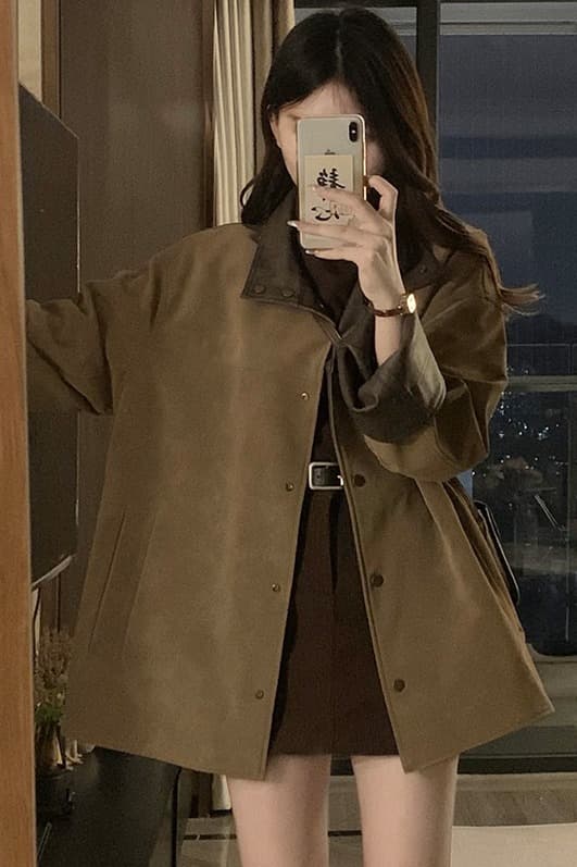 실사 딤플 커피 색상 싱글 줄 버튼 양성 및 음성 양면 착용 가죽 재킷 여성 코트 2026 년 가을 새로운 루즈핏 맨위 이미지 7