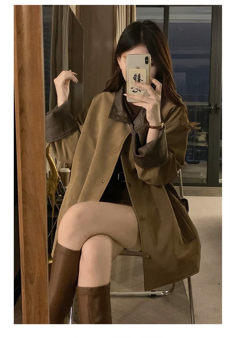 실사 딤플 커피 색상 싱글 줄 버튼 양성 및 음성 양면 착용 가죽 재킷 여성 코트 2026 년 가을 새로운 루즈핏 맨위 상세 이미지 8
